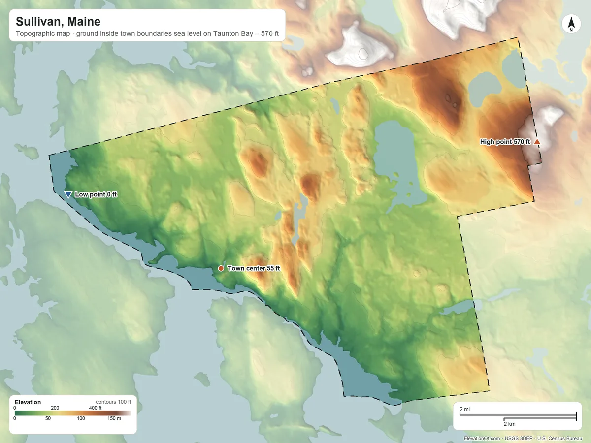Topographic elevation map of Sullivan, Maine, shaded from sea level level on Taunton Bay to 570 ft on the east side