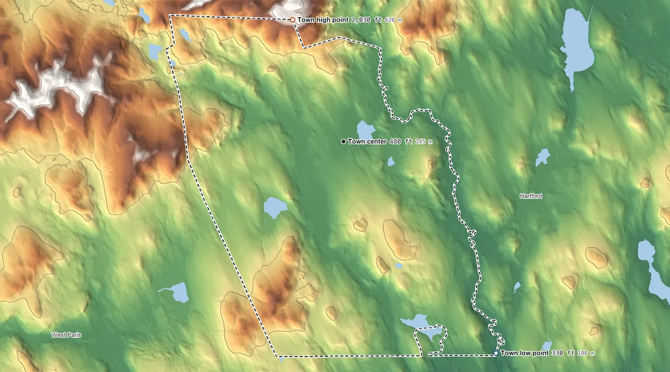 Topographic elevation map of Sumner, Maine, shaded from 330 ft on the southeast side to 2,030 ft on the northwest side