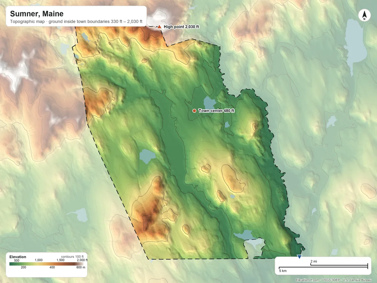 Topographic elevation map of Sumner, Maine, shaded from 330 ft on the southeast side to 2,030 ft on the northwest side