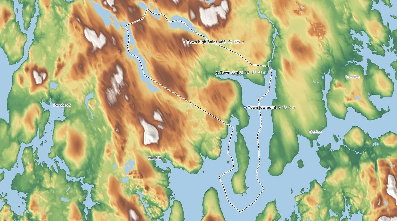 Topographic elevation map of Surry, Maine, shaded from sea level level on Union River Bay to 400 ft on the northwest side