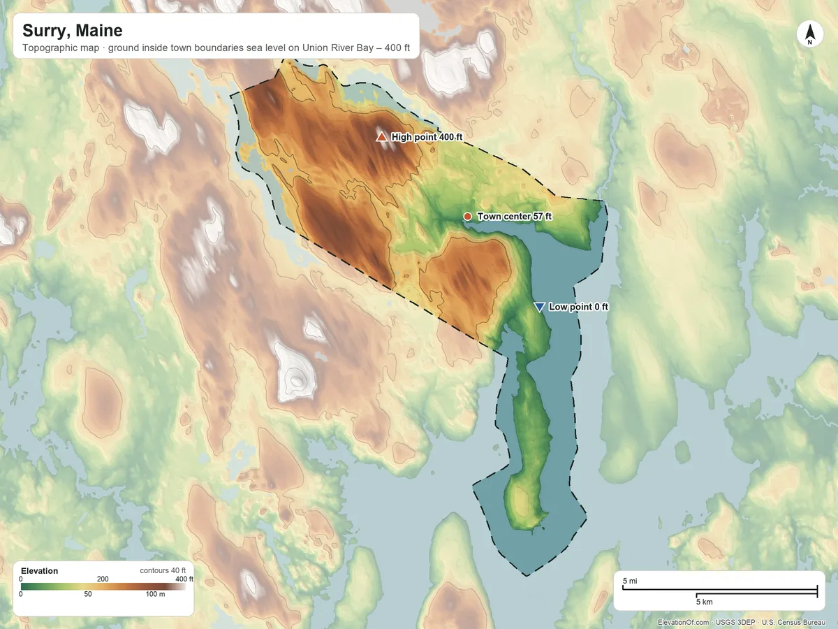 Topographic elevation map of Surry, Maine, shaded from sea level level on Union River Bay to 400 ft on the northwest side