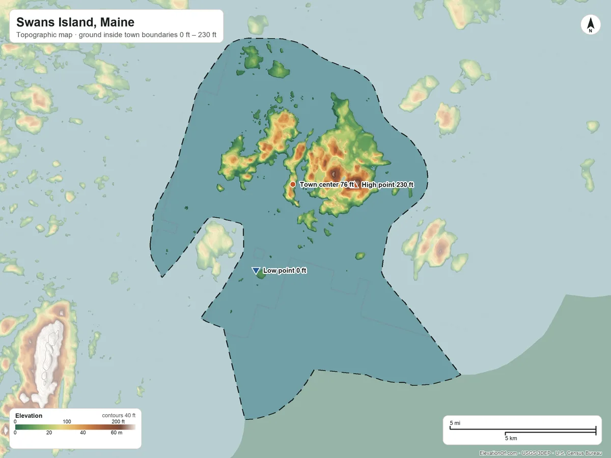 Topographic elevation map of Swans Island, Maine, shaded from 0 ft on the southwest side to 230 ft on Goose Pond Mountain