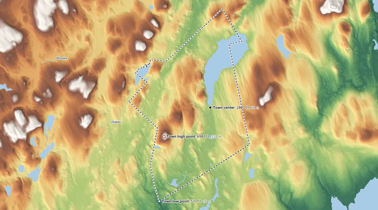 Topographic elevation map of Swanville, Maine, shaded from 57 ft on the southwest side to 690 ft on Quarry Hill