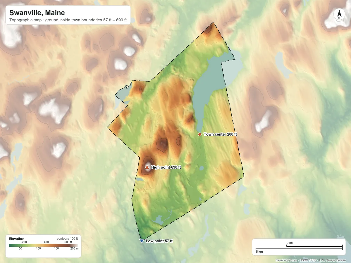 Topographic elevation map of Swanville, Maine, shaded from 57 ft on the southwest side to 690 ft on Quarry Hill