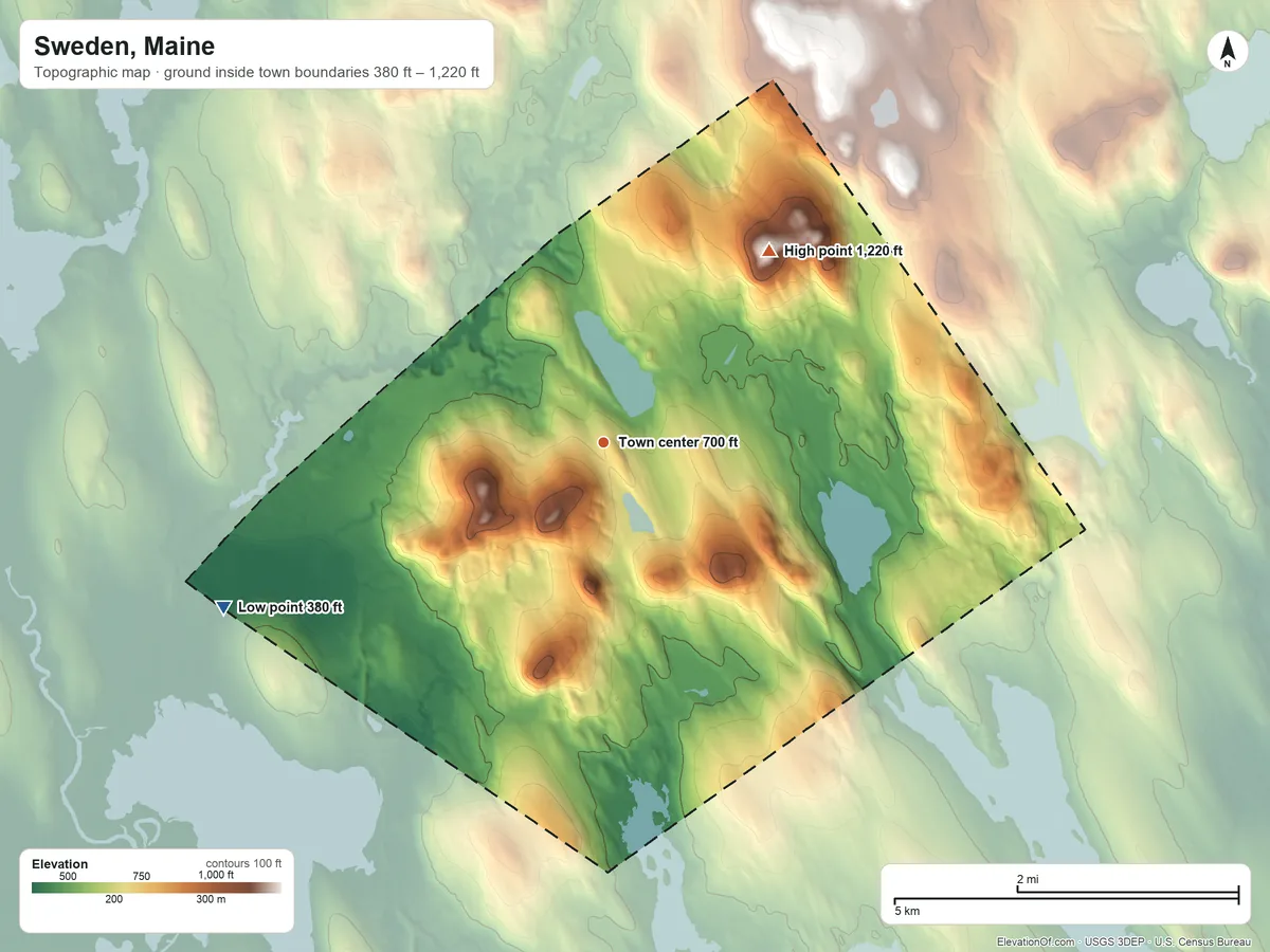 Topographic elevation map of Sweden, Maine, shaded from 380 ft on the southwest side to 1,220 ft on Winns Hill
