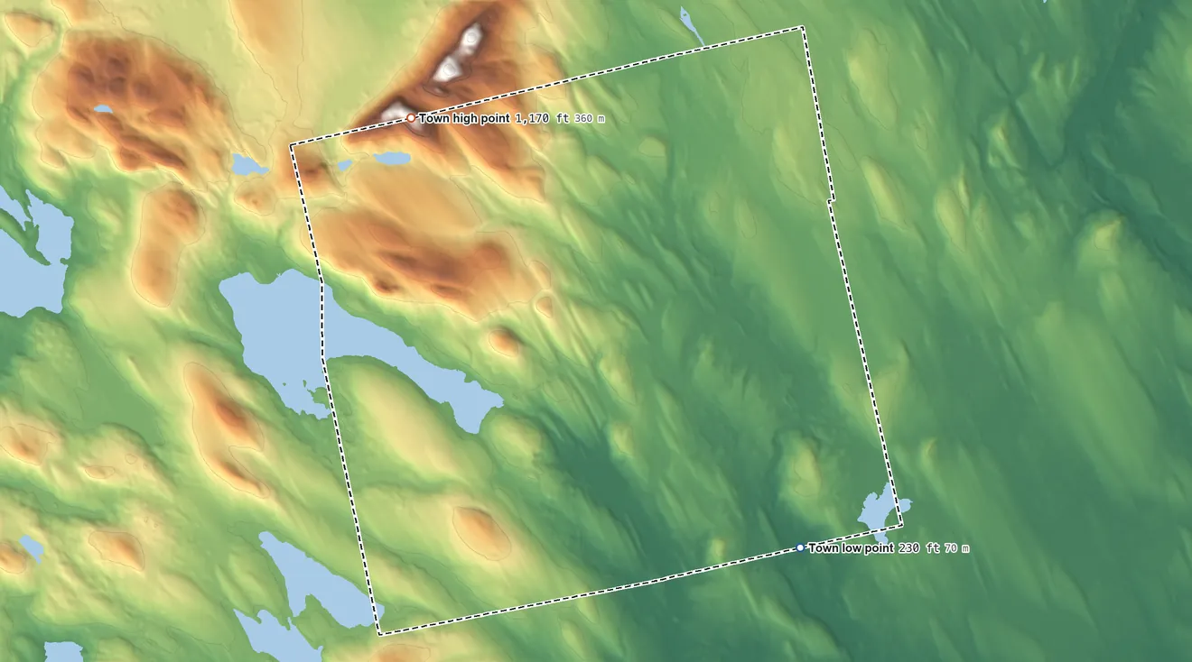 Topographic elevation map of Talmadge, Maine, shaded from 230 ft on the south side to 1,170 ft on the west side