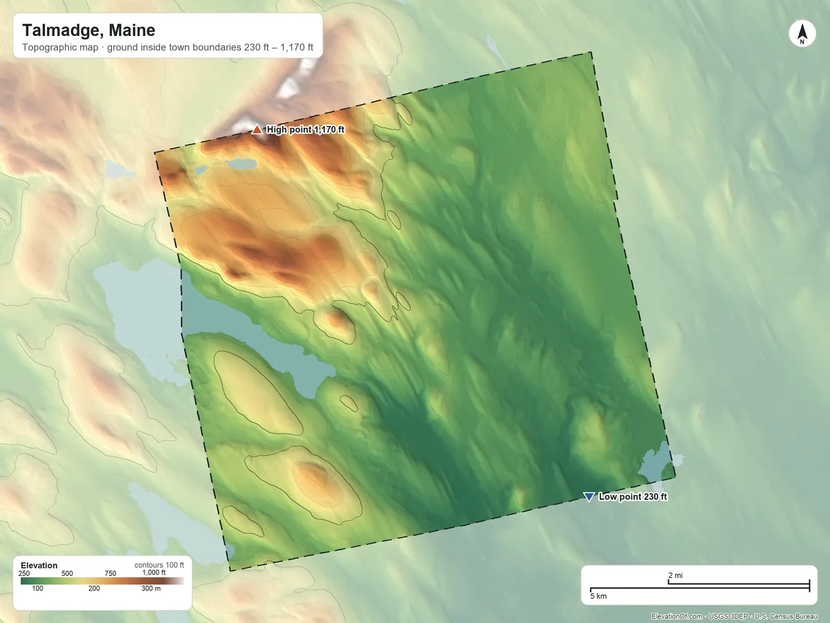 Topographic elevation map of Talmadge, Maine, shaded from 230 ft on the south side to 1,170 ft on the west side