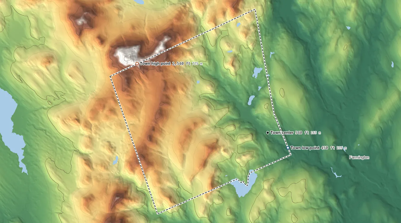 Topographic elevation map of Temple, Maine, shaded from 450 ft near the middle to 2,540 ft at the foot of the Blue Mountains