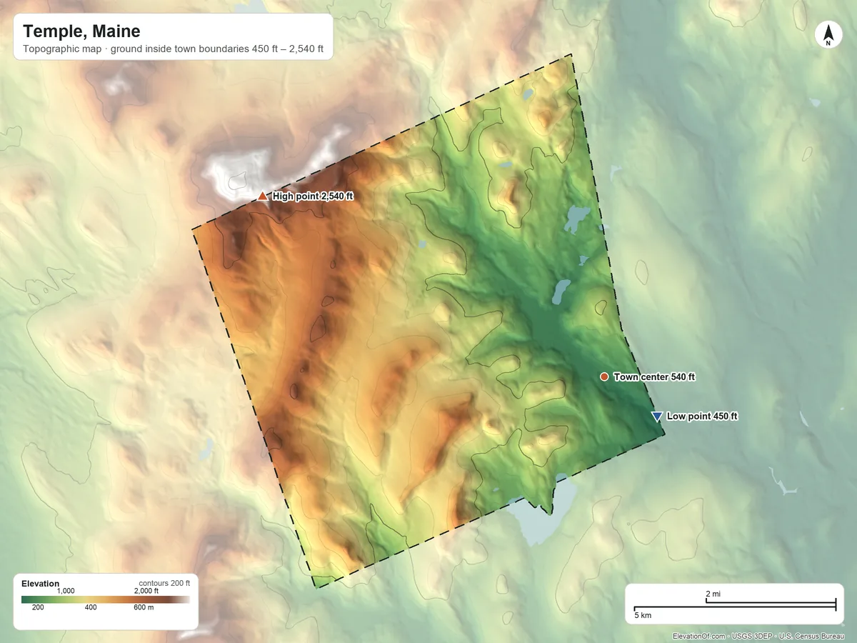 Topographic elevation map of Temple, Maine, shaded from 450 ft near the middle to 2,540 ft at the foot of the Blue Mountains
