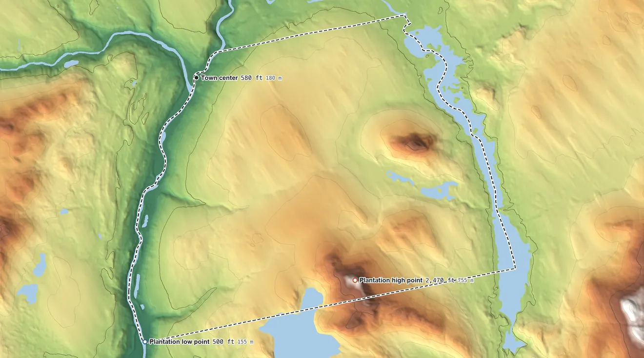 Topographic elevation map of The Forks, Maine, shaded from 500 ft on the south side to 2,470 ft on Pleasant Pond Mountain
