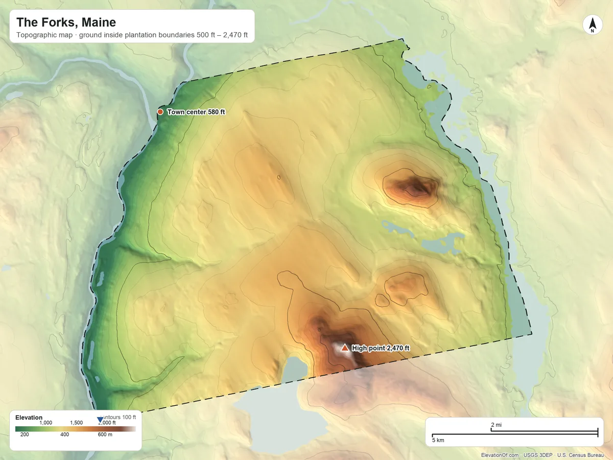 Topographic elevation map of The Forks, Maine, shaded from 500 ft on the south side to 2,470 ft on Pleasant Pond Mountain