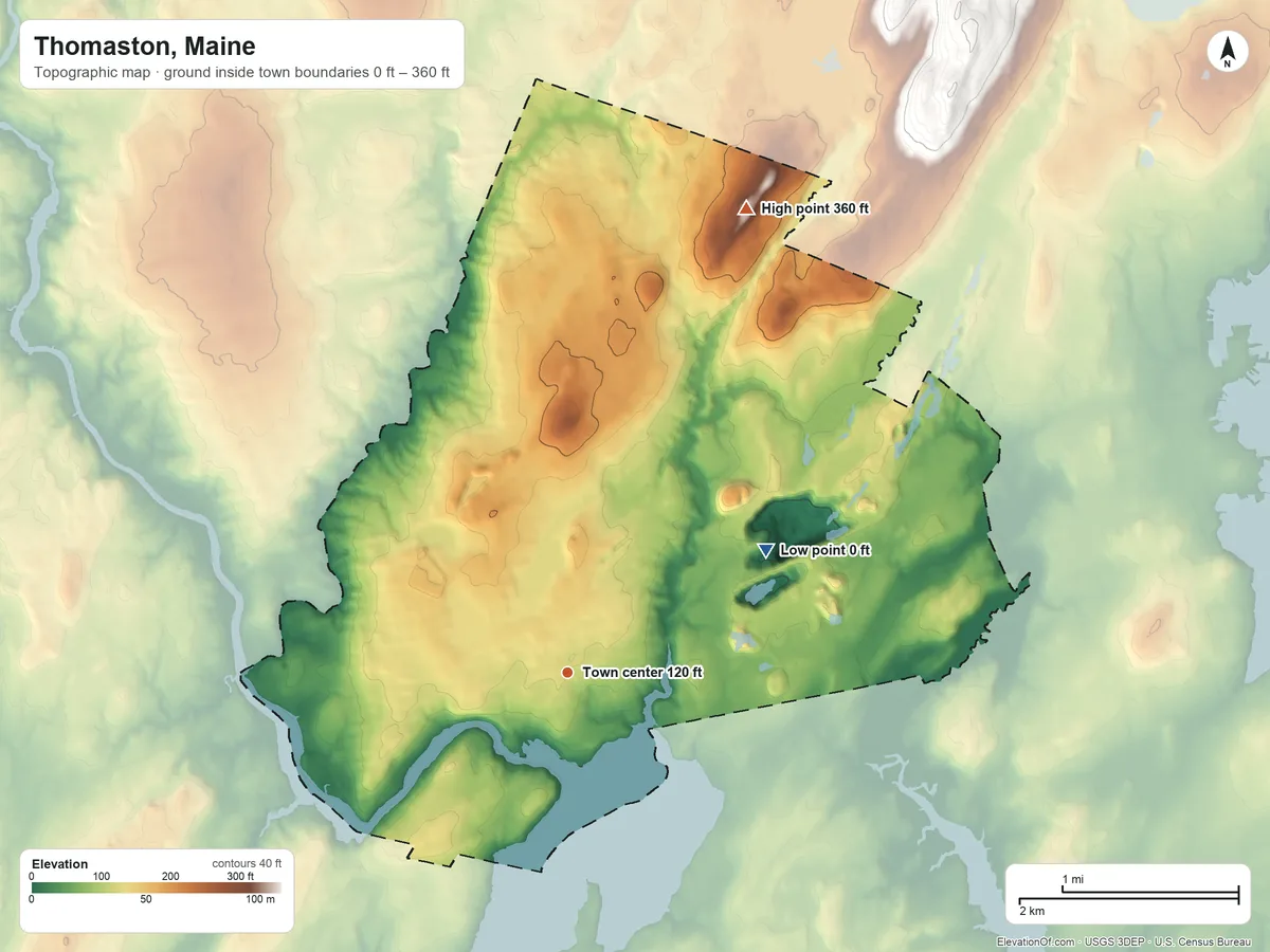 Topographic elevation map of Thomaston, Maine, shaded from 0 ft on the northeast side to 360 ft on the north side