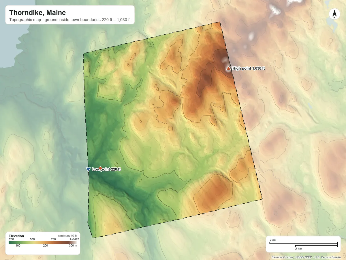 Topographic elevation map of Thorndike, Maine, shaded from 220 ft near the middle to 1,030 ft on the northeast side