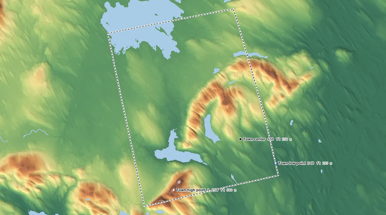 Topographic elevation map of Topsfield, Maine, shaded from 340 ft on the southeast side to 1,250 ft on the southwest side