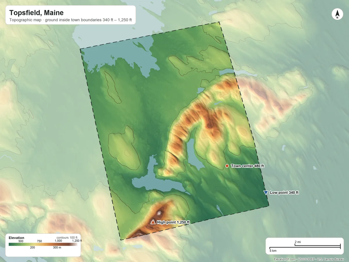 Topographic elevation map of Topsfield, Maine, shaded from 340 ft on the southeast side to 1,250 ft on the southwest side