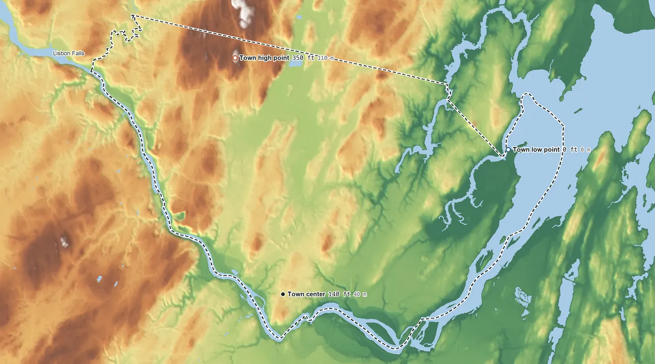 Topographic elevation map of Topsham, Maine, shaded from 0 ft on the northeast side to 350 ft on Tate Hill