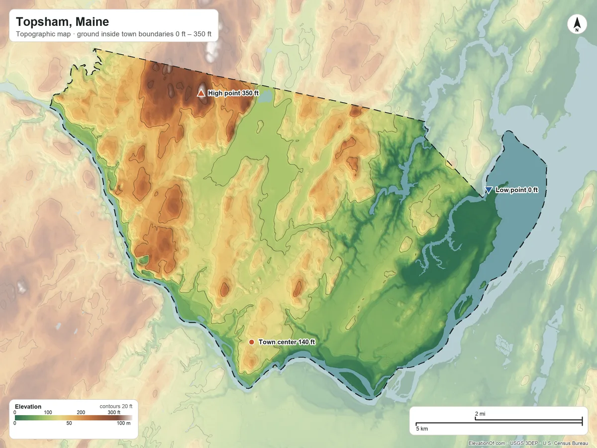 Topographic elevation map of Topsham, Maine, shaded from 0 ft on the northeast side to 350 ft on Tate Hill