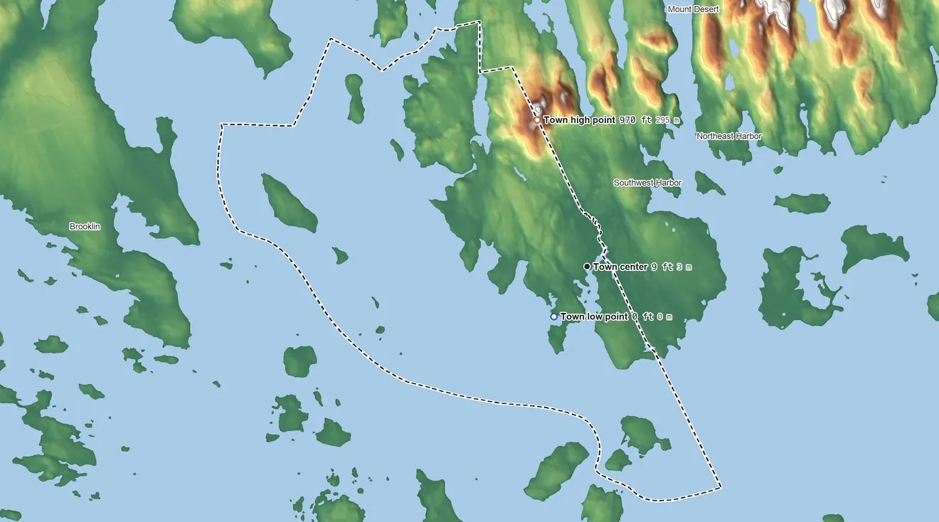 Topographic elevation map of Tremont, Maine, shaded from 0 ft near the middle to 970 ft on the north side