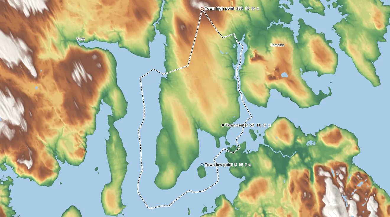 Topographic elevation map of Trenton, Maine, shaded from sea level level on Western Bay to 290 ft on the north edge, below higher ground just outside
