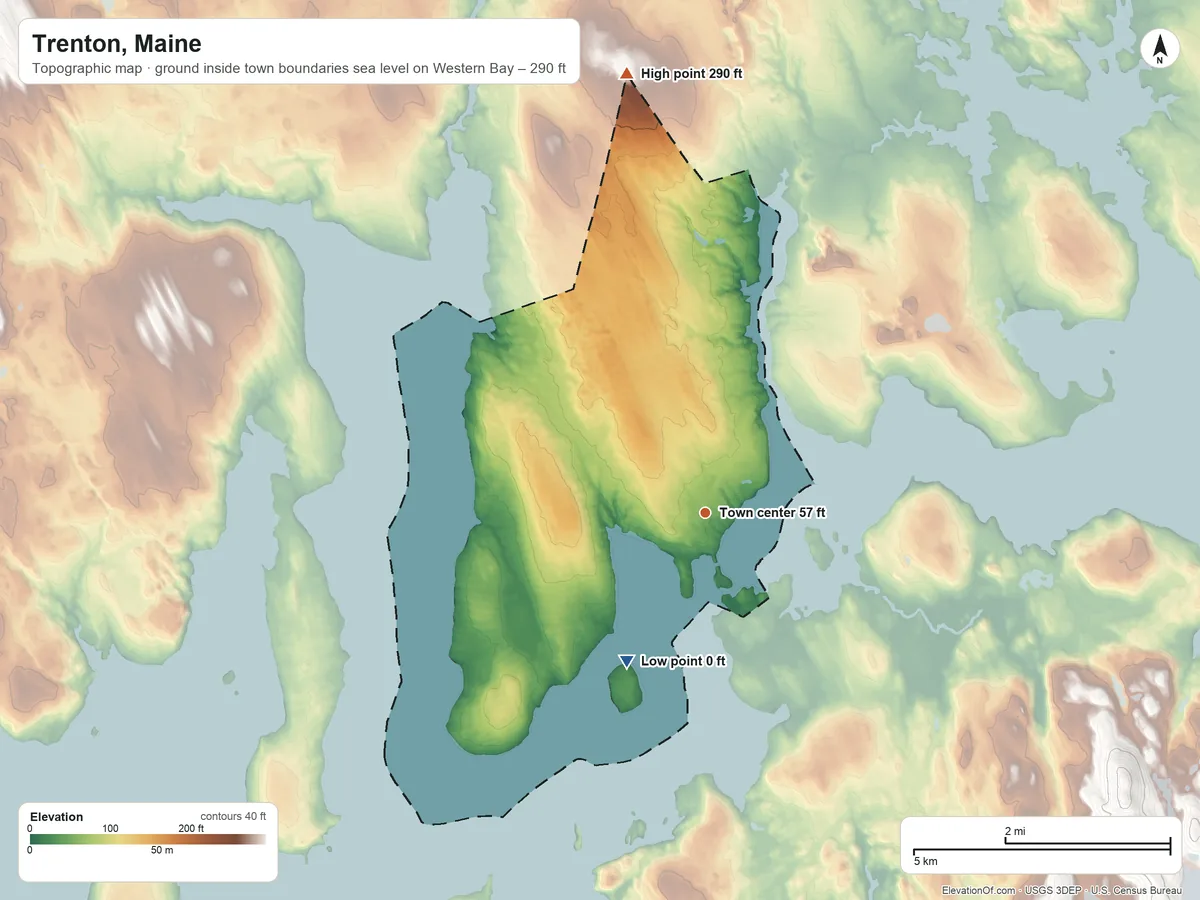 Topographic elevation map of Trenton, Maine, shaded from sea level level on Western Bay to 290 ft on the north edge, below higher ground just outside