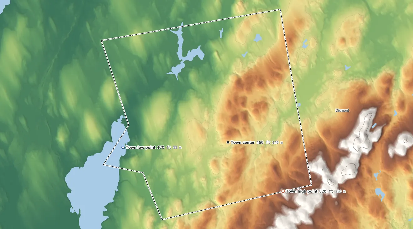 Topographic elevation map of Troy, Maine, shaded from 170 ft on the west side to 820 ft on the southeast side