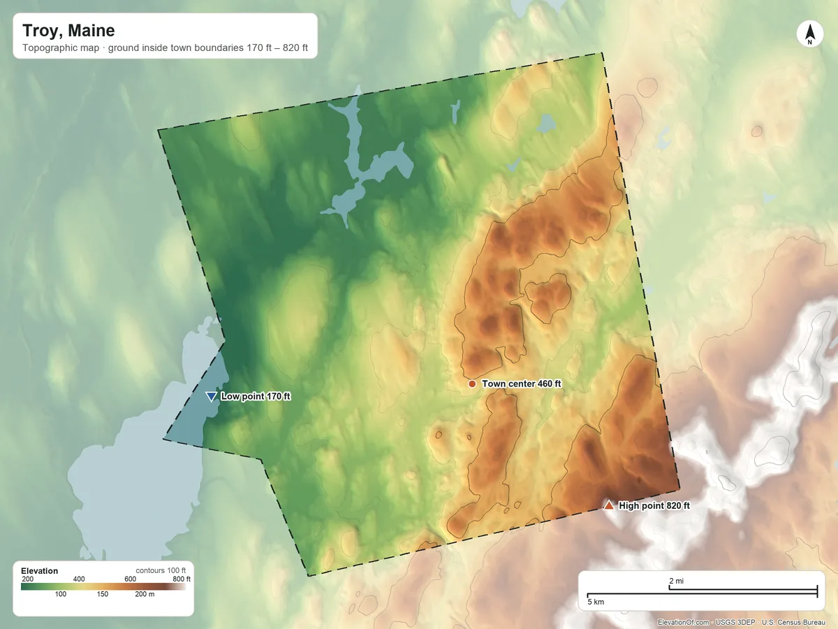 Topographic elevation map of Troy, Maine, shaded from 170 ft on the west side to 820 ft on the southeast side