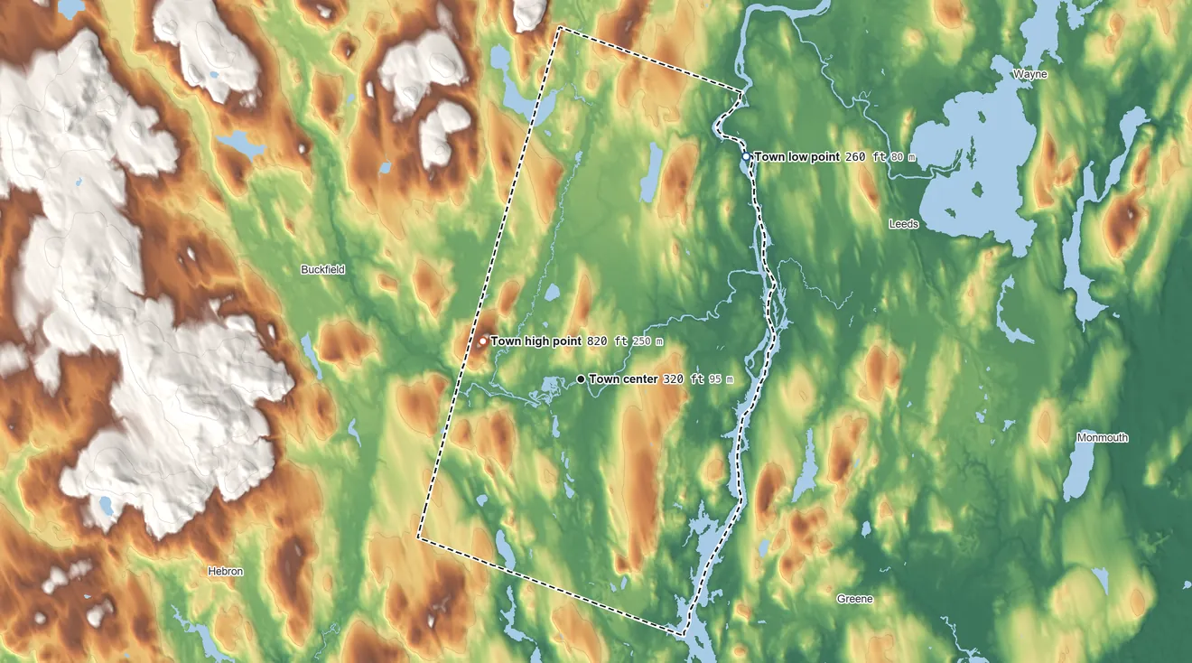 Topographic elevation map of Turner, Maine, shaded from 260 ft on the northeast side to 820 ft on Teague Hill