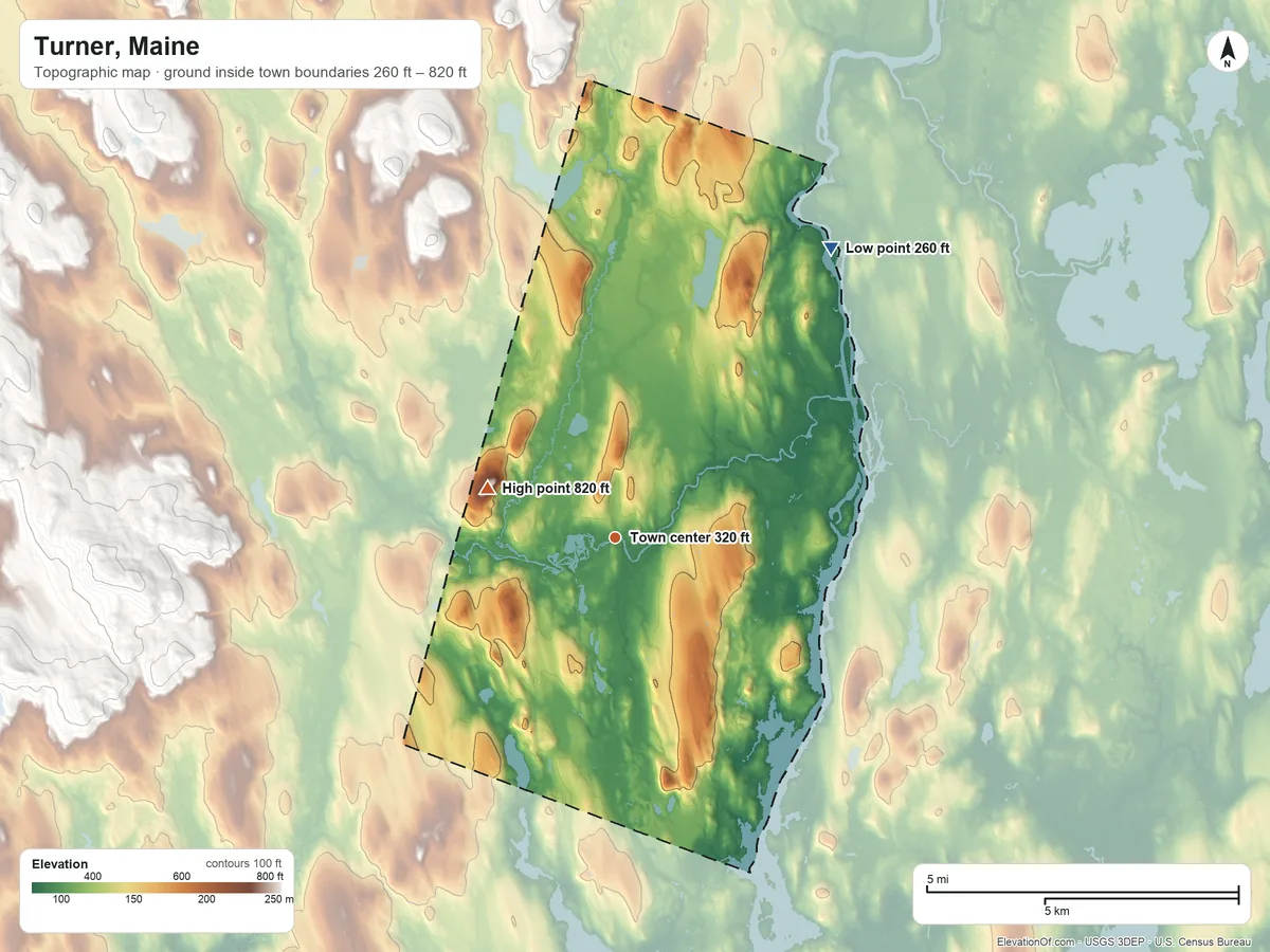 Topographic elevation map of Turner, Maine, shaded from 260 ft on the northeast side to 820 ft on Teague Hill