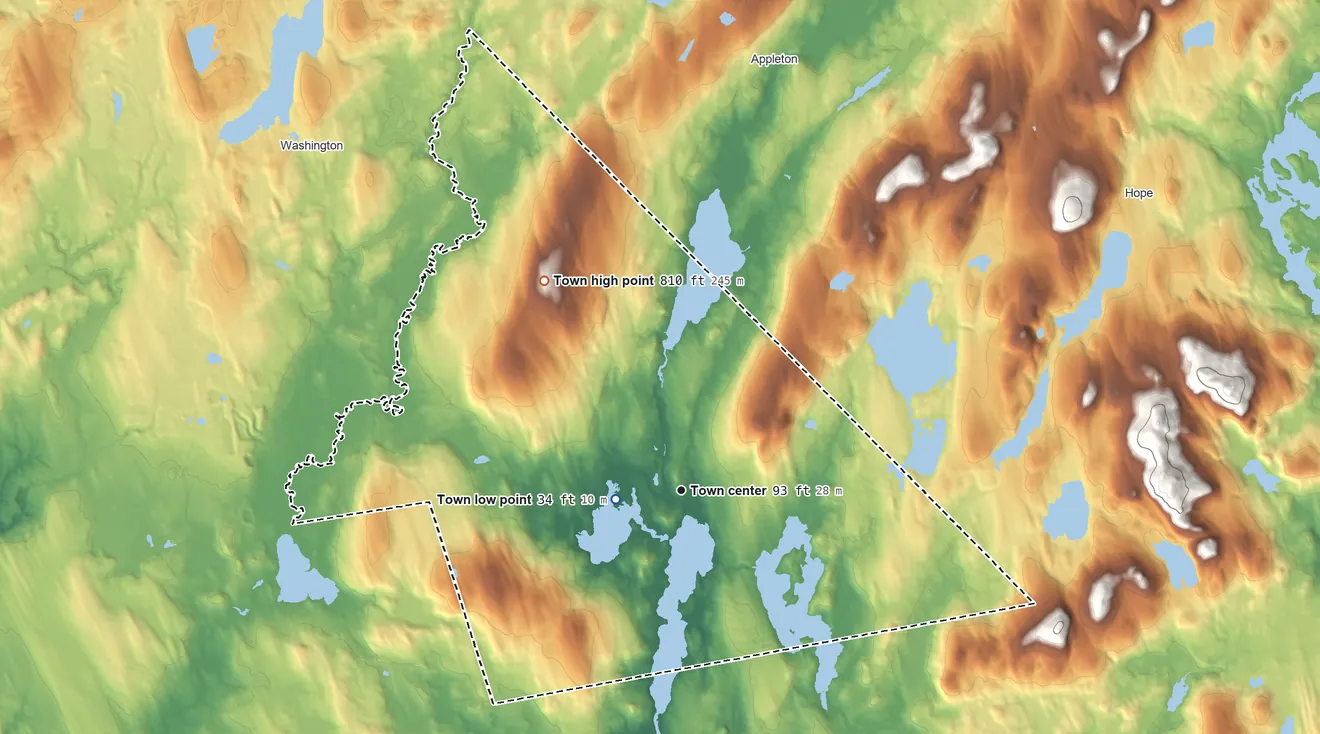 Topographic elevation map of Union, Maine, shaded from 34 ft near the middle to 810 ft on Coggans Hill
