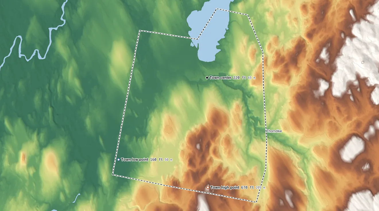 Topographic elevation map of Unity, Maine, shaded from 160 ft on the southwest side to 670 ft on the south side