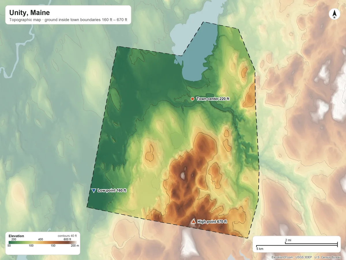 Topographic elevation map of Unity, Maine, shaded from 160 ft on the southwest side to 670 ft on the south side