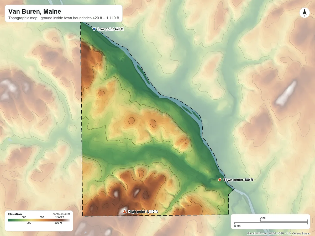 Topographic elevation map of Van Buren, Maine, shaded from 420 ft on the northwest side to 1,110 ft on the west side
