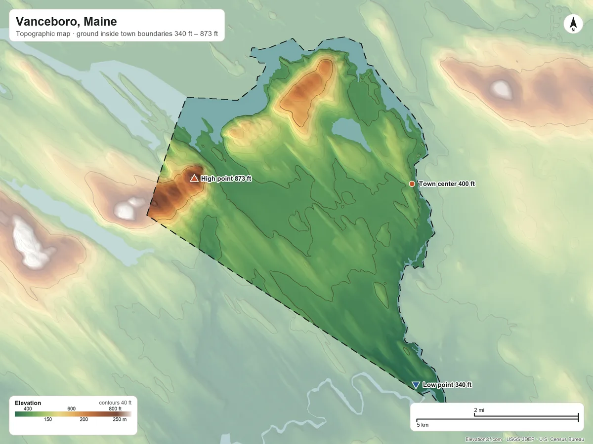 Topographic elevation map of Vanceboro, Maine, shaded from 340 ft on the south side to 873 ft on Vance Mountain