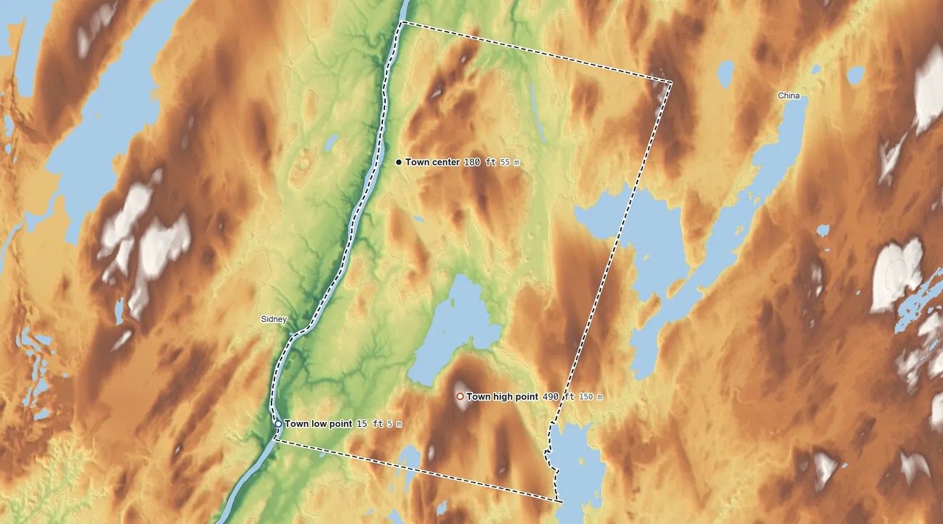 Topographic elevation map of Vassalboro, Maine, shaded from 15 ft on the southwest side to 490 ft on Cross Hill