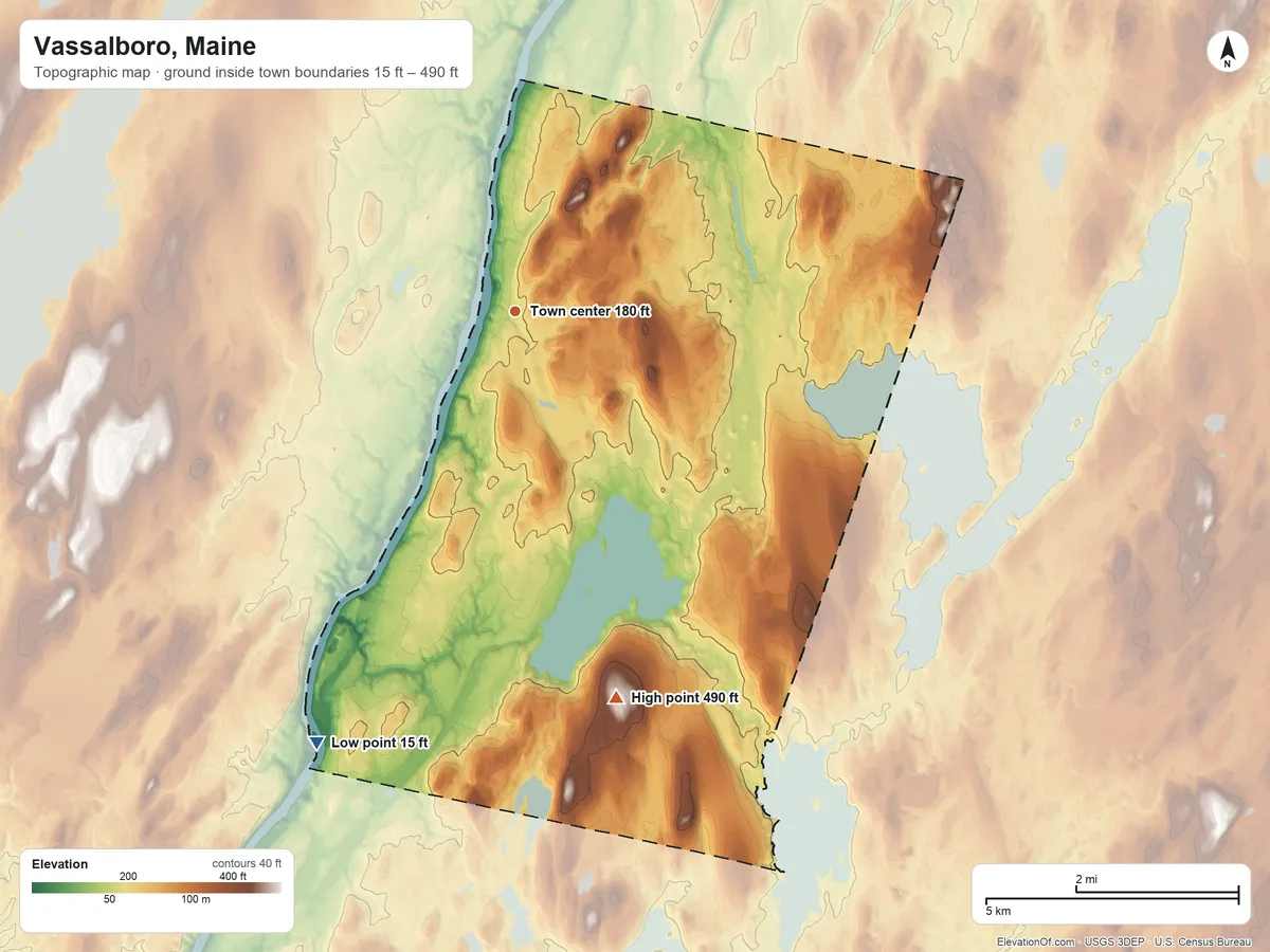 Topographic elevation map of Vassalboro, Maine, shaded from 15 ft on the southwest side to 490 ft on Cross Hill