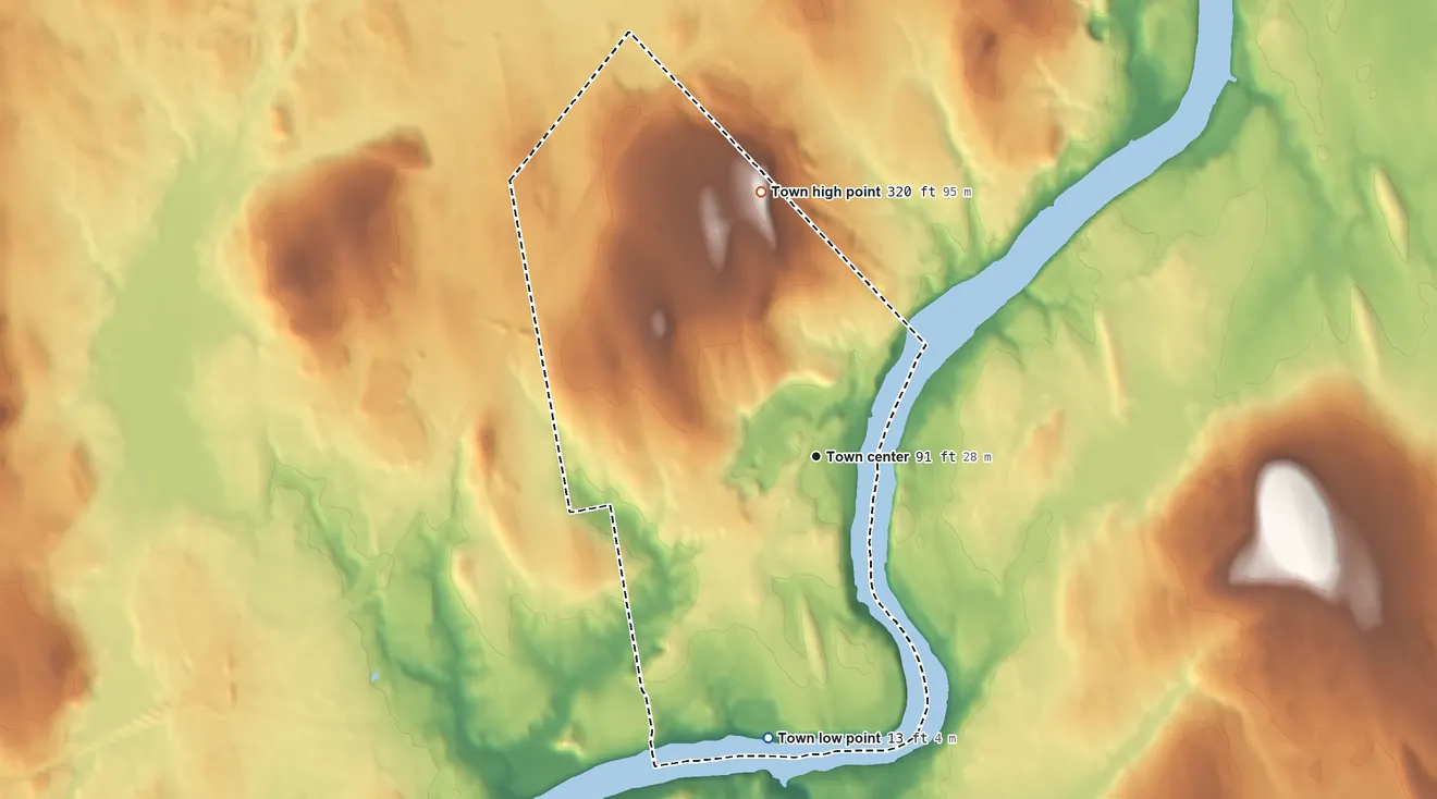 Topographic elevation map of Veazie, Maine, shaded from 13 ft on the south side to 320 ft on Buck Hill