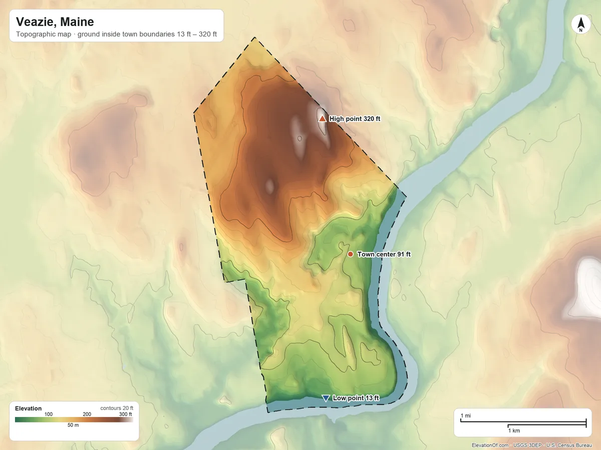 Topographic elevation map of Veazie, Maine, shaded from 13 ft on the south side to 320 ft on Buck Hill