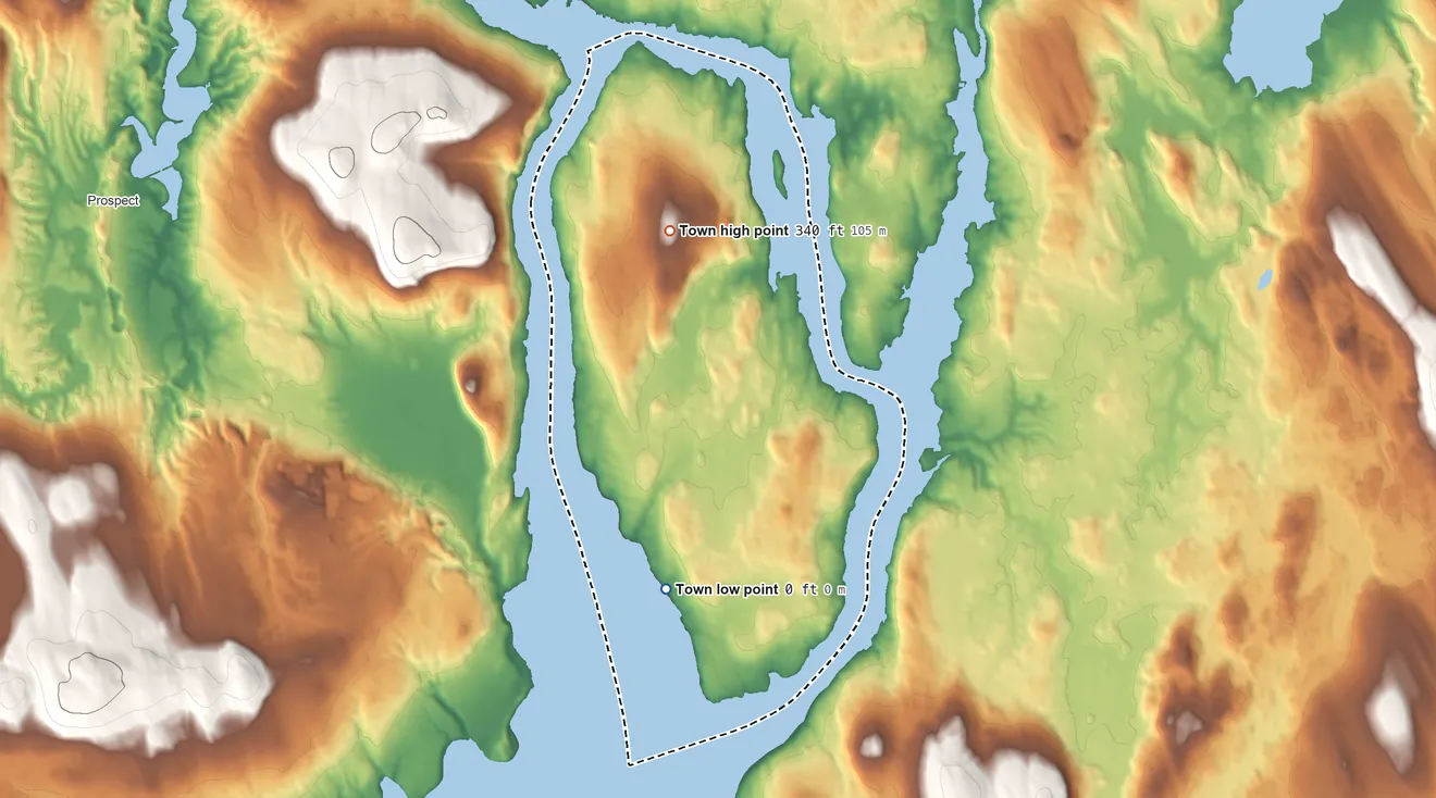 Topographic elevation map of Verona Island, Maine, shaded from sea level level on the Penobscot River to 340 ft on McCloud Mountain