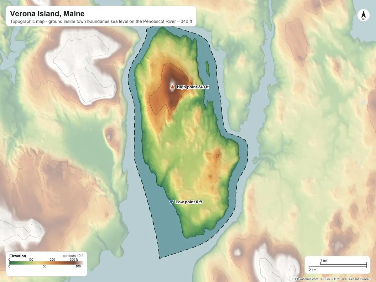 Topographic elevation map of Verona Island, Maine, shaded from sea level level on the Penobscot River to 340 ft on McCloud Mountain