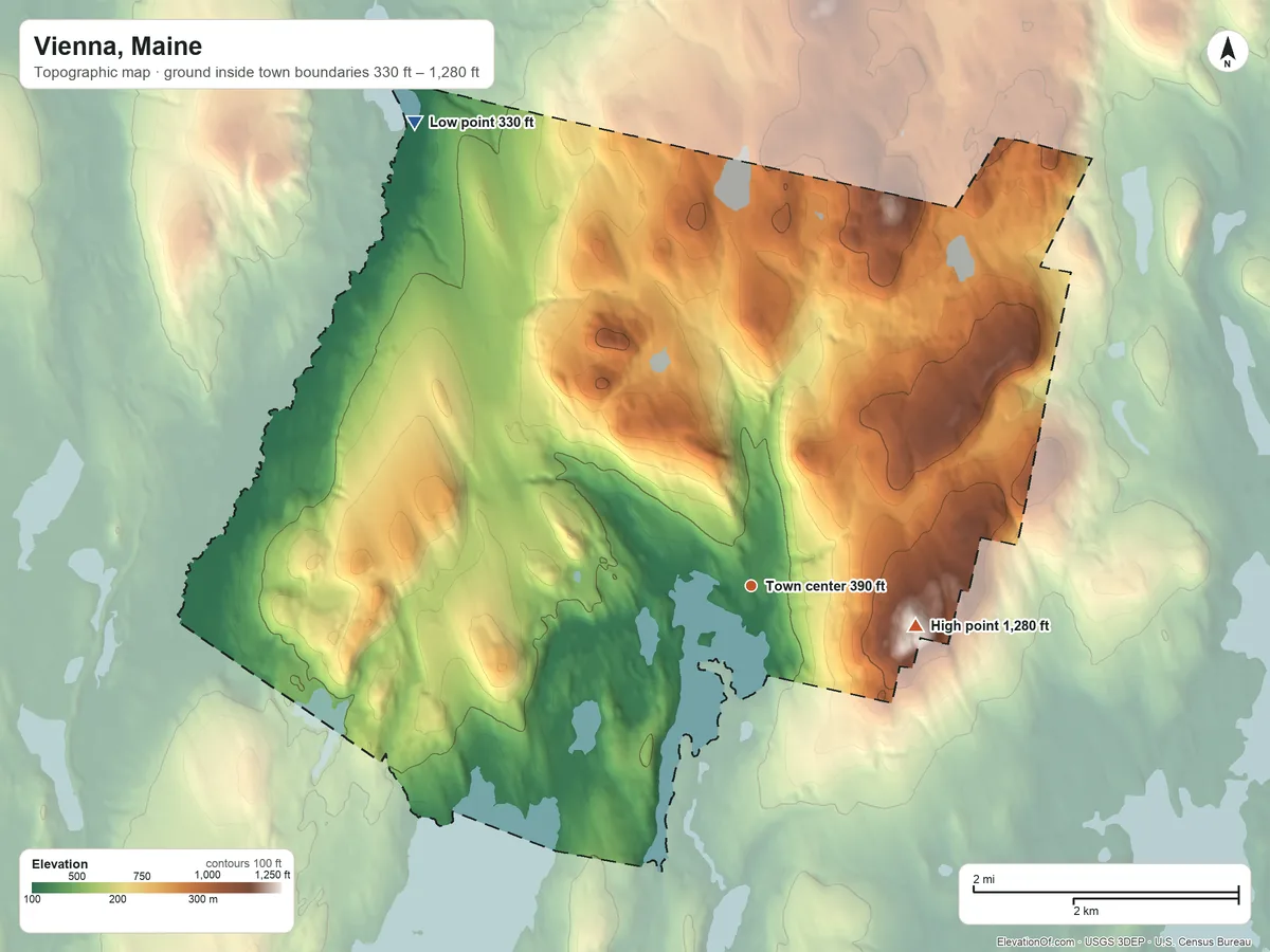 Topographic elevation map of Vienna, Maine, shaded from 330 ft on the northwest side to 1,280 ft on McGaffey Mountain
