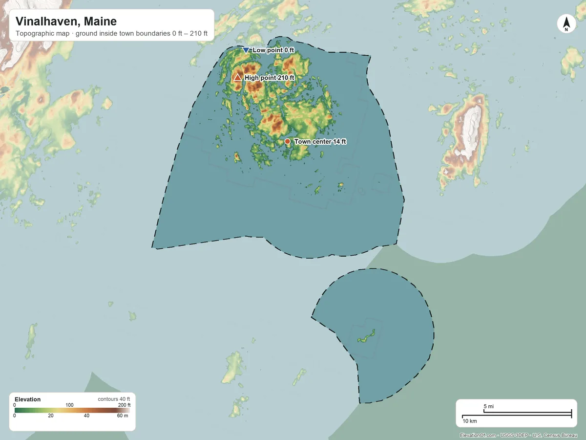 Topographic elevation map of Vinalhaven, Maine, shaded from 0 ft on the northwest side to 210 ft on Middle Mountain