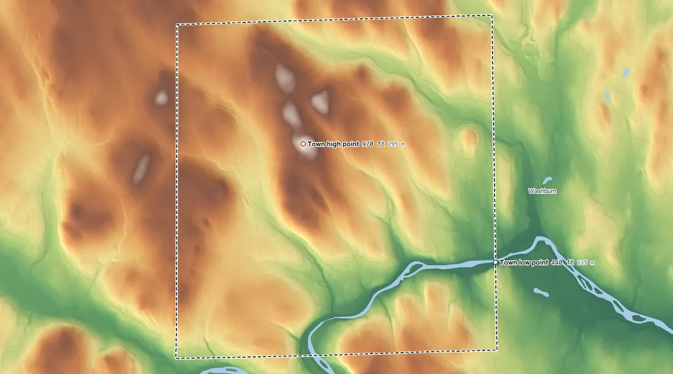 Topographic elevation map of Wade, Maine, shaded from 440 ft on the southeast side to 970 ft on the west side