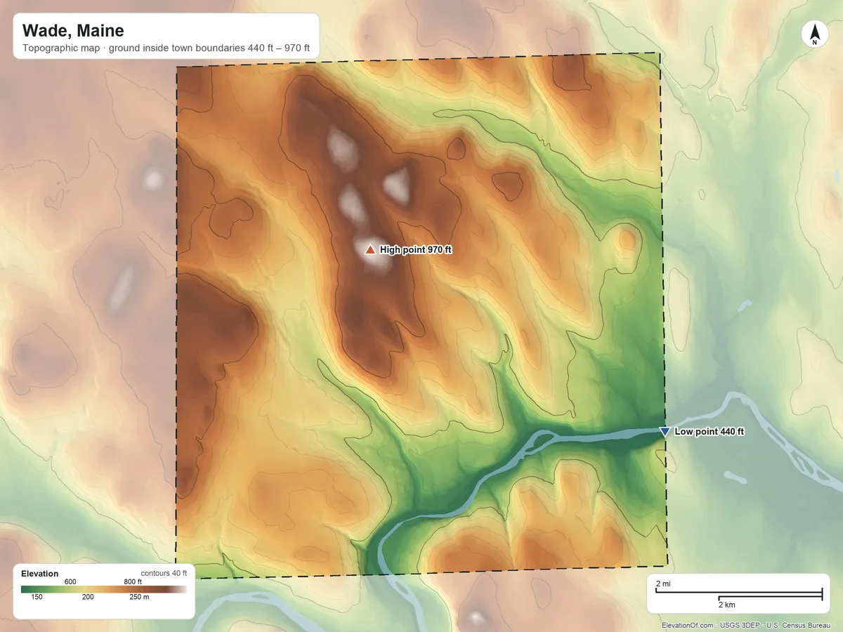 Topographic elevation map of Wade, Maine, shaded from 440 ft on the southeast side to 970 ft on the west side