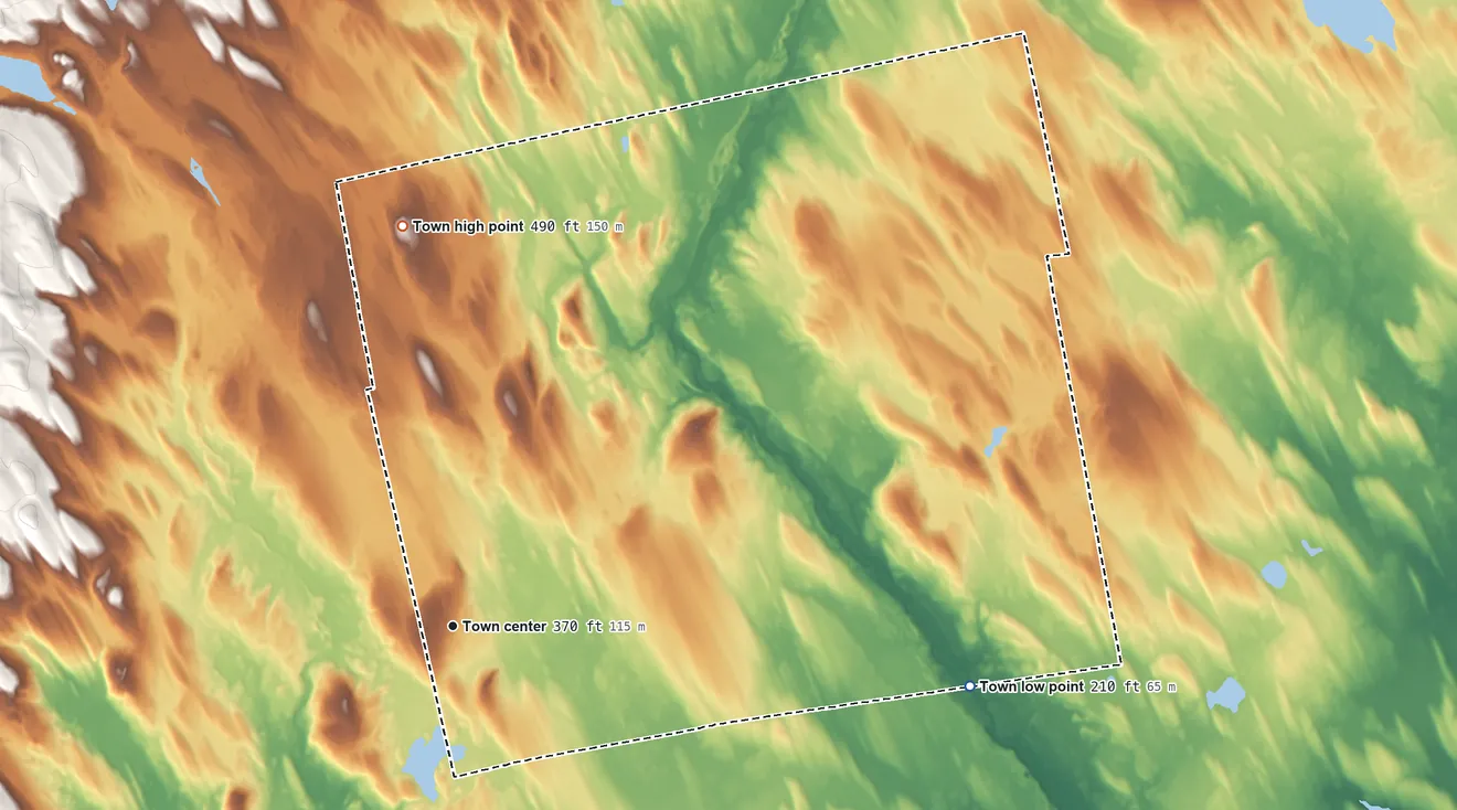 Topographic elevation map of Waite, Maine, shaded from 210 ft on the east side to 490 ft on the north side