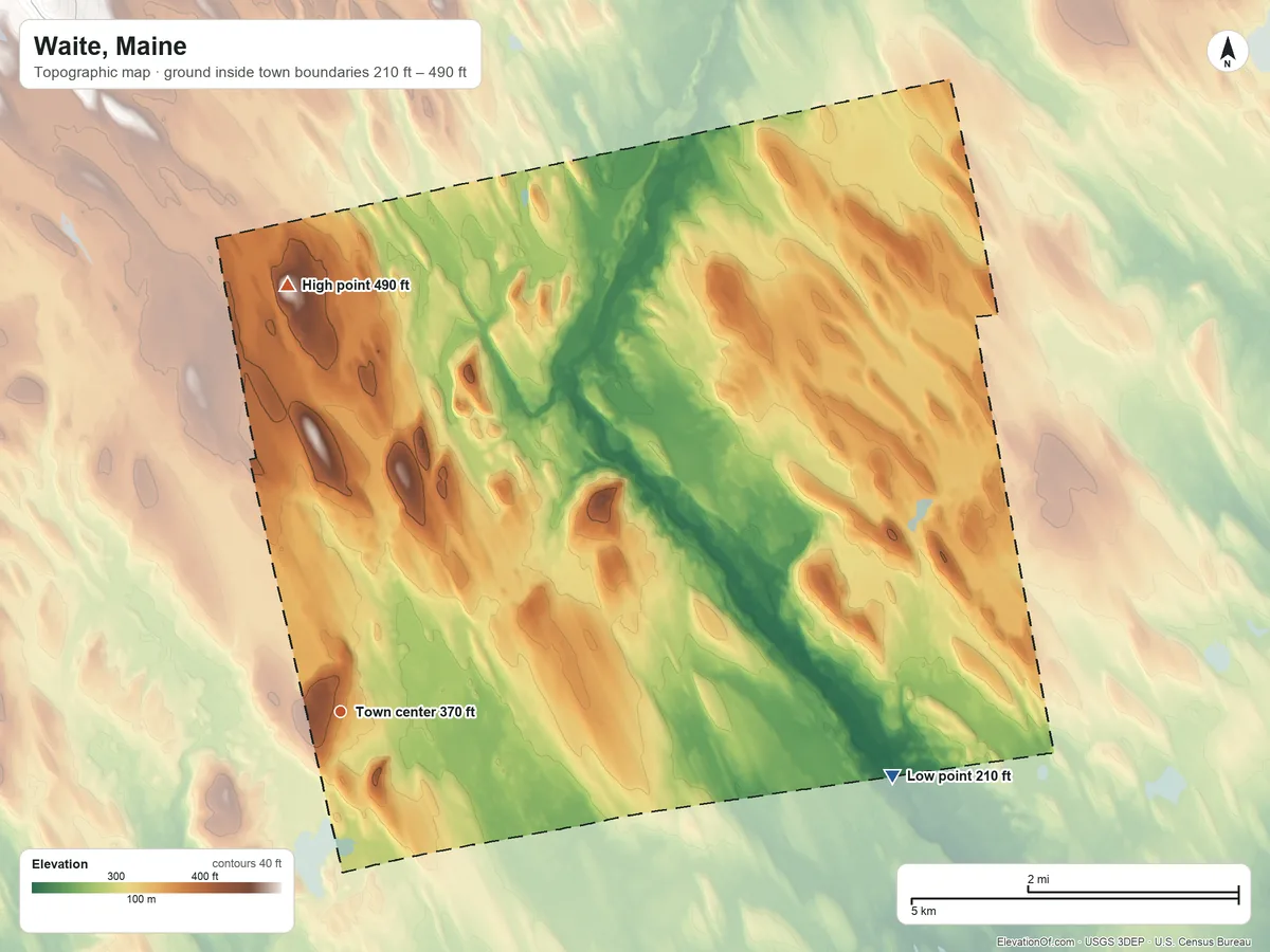 Topographic elevation map of Waite, Maine, shaded from 210 ft on the east side to 490 ft on the north side