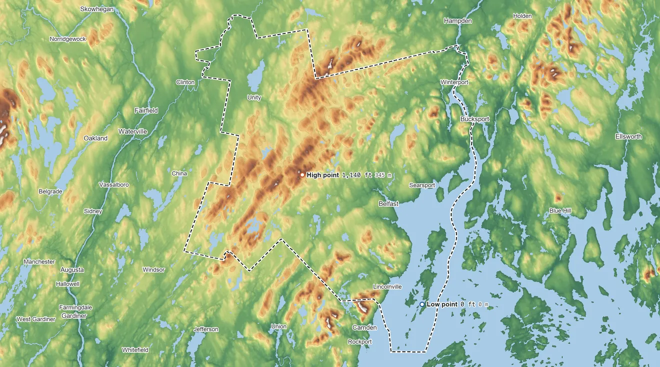 Topographic elevation map of Waldo County, Maine, shaded from sea level on Penobscot Bay to 1,140 ft on Frye Mountain