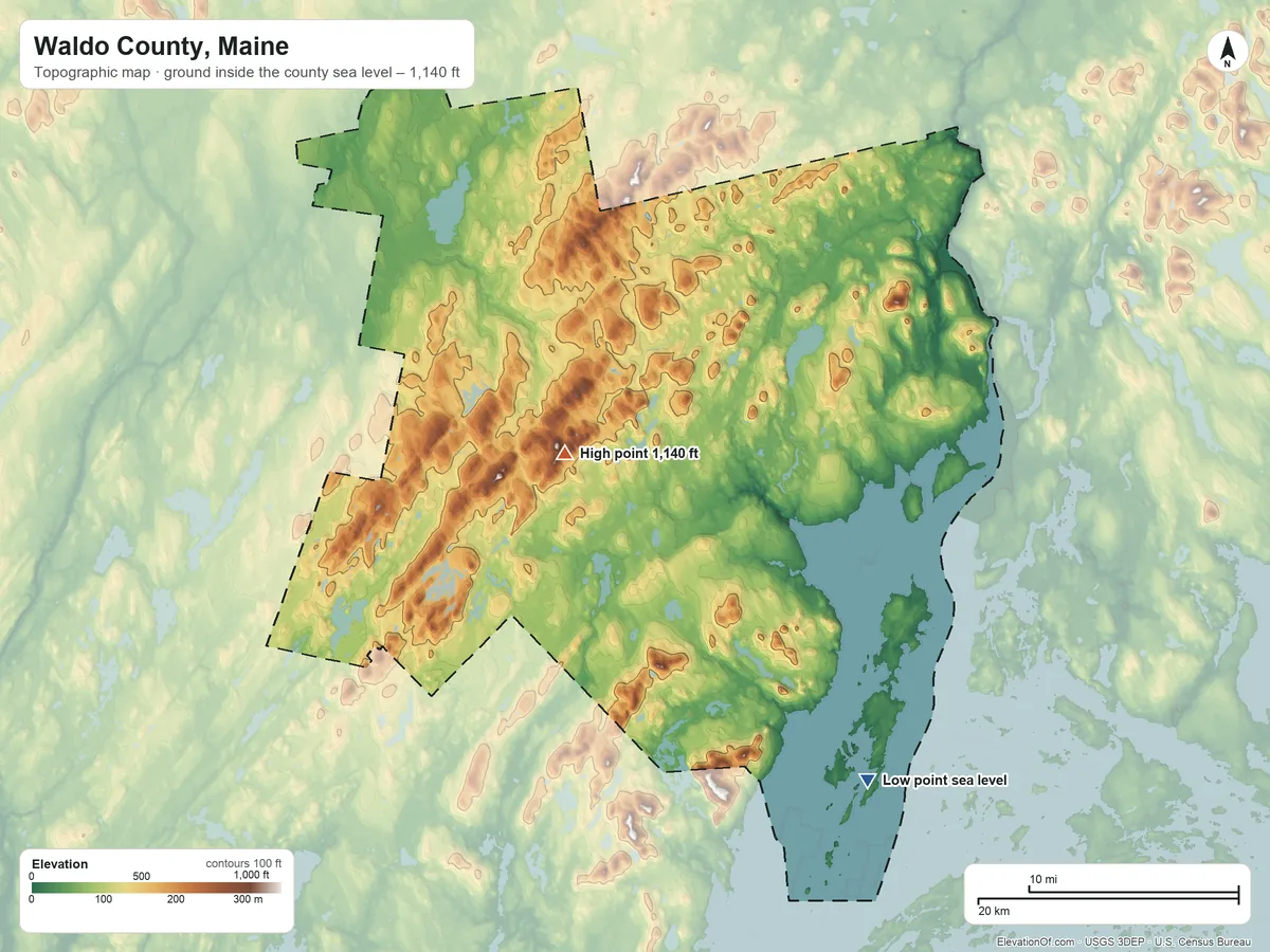 Topographic elevation map of Waldo County, Maine, shaded from sea level on Penobscot Bay to 1,140 ft on Frye Mountain