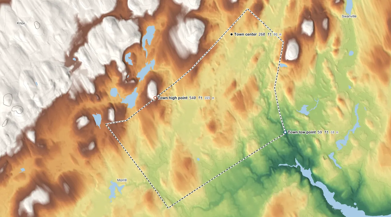 Topographic elevation map of Waldo, Maine, shaded from 59 ft on the southeast side to 540 ft on the southwest side