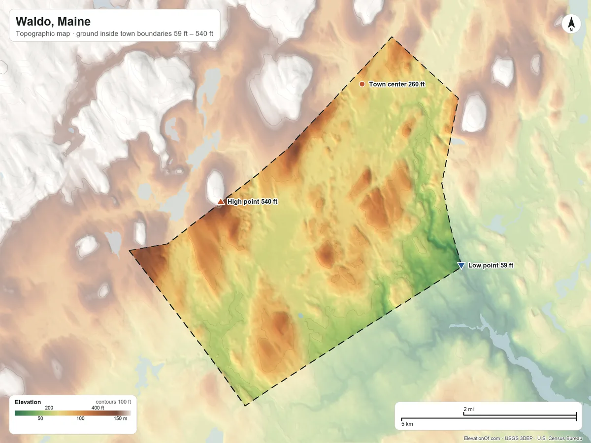 Topographic elevation map of Waldo, Maine, shaded from 59 ft on the southeast side to 540 ft on the southwest side