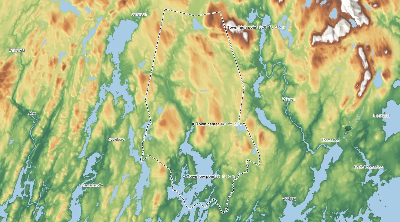 Topographic elevation map of Waldoboro, Maine, shaded from 0 ft on the south side to 520 ft on the north side